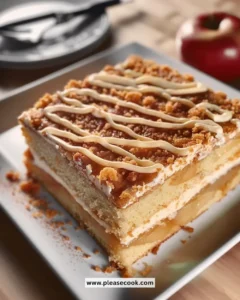 Slice of Kentucky Apple Cake topped with apples and cinnamon on a plate