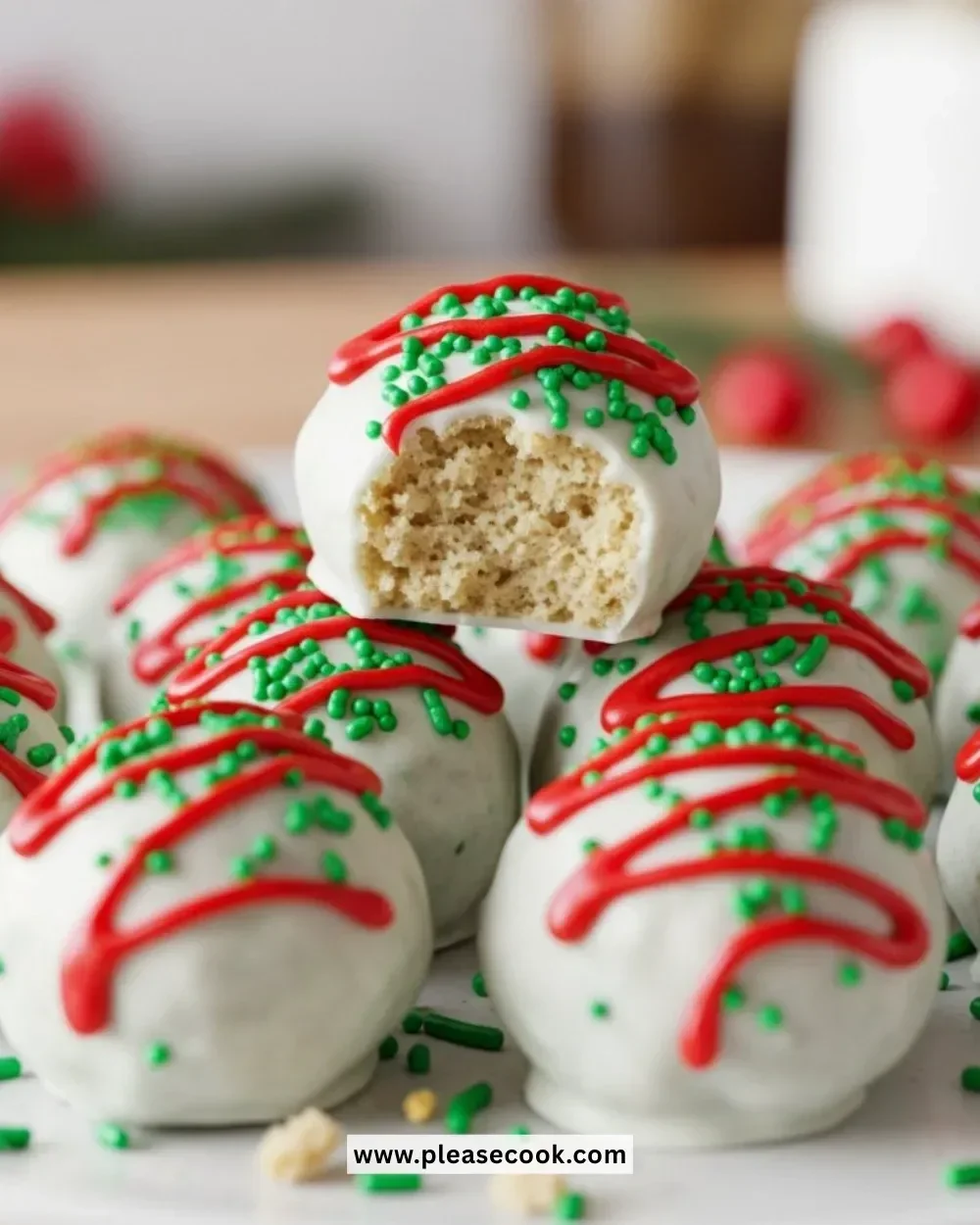 Delicious Little Debbie Christmas Tree Cake Balls decorated for the holidays.