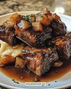 Tasty apple-cider braised short ribs on a white plate garnished with herbs.