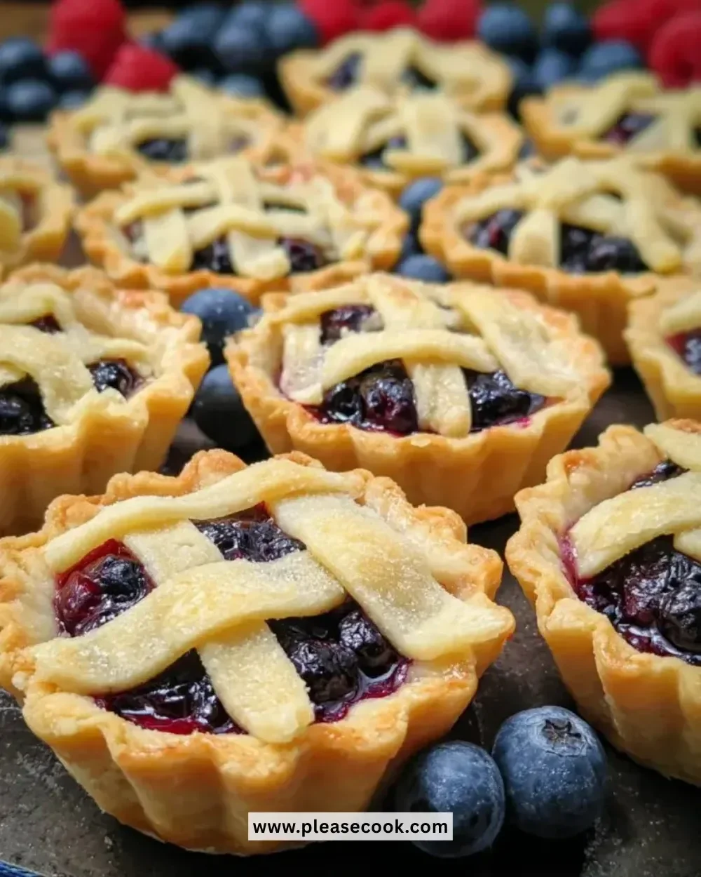 Homemade mini blueberry pies on a wooden table