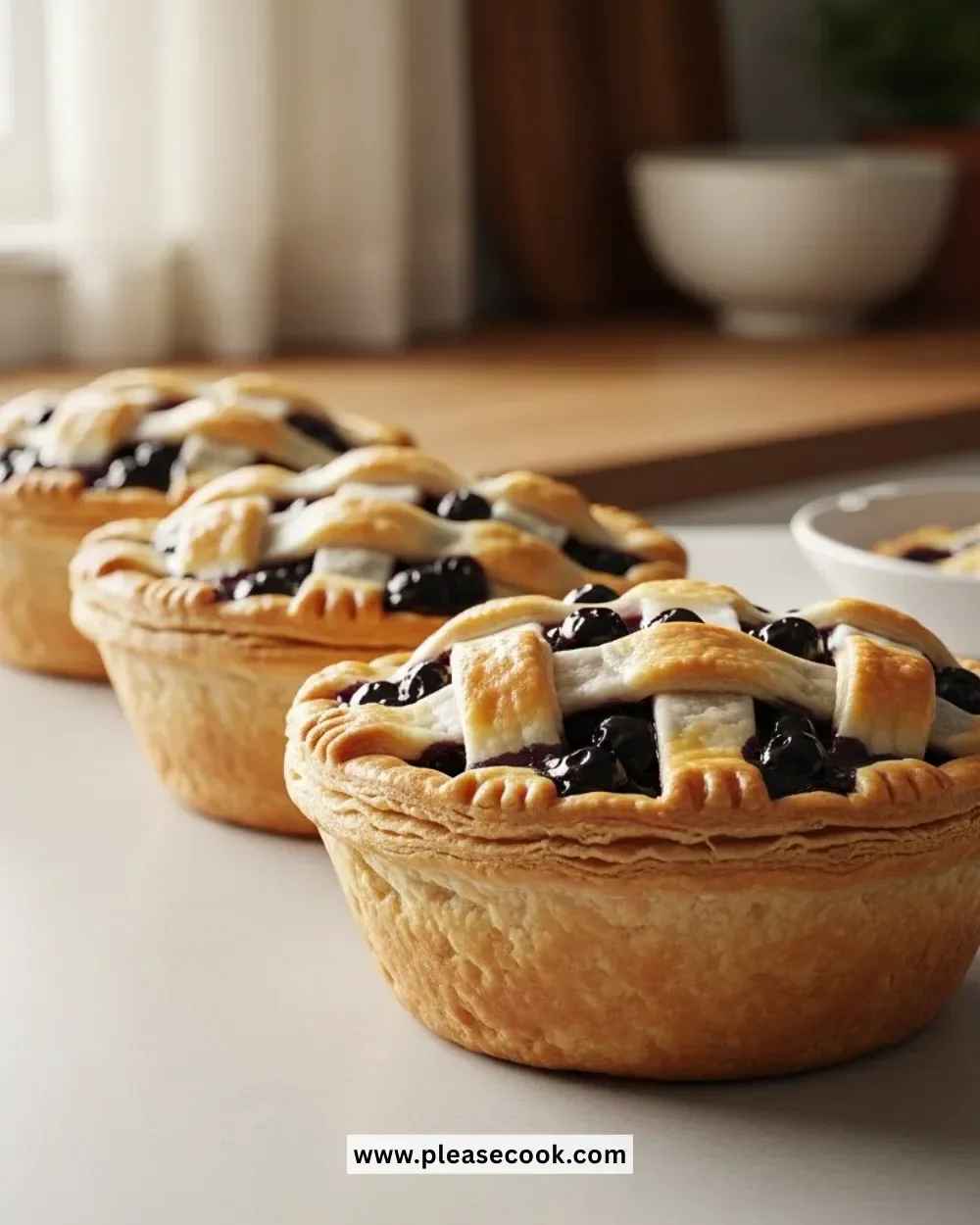 Freshly baked mini blueberry pies topped with blueberries and pastry crust