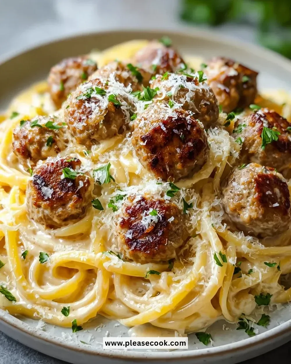 Delicious Parmesan Linguine served with garlic butter meatballs
