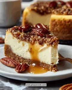 Slice of homemade Pecan Pie Cheesecake with pecan topping on a plate