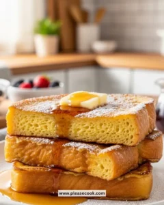 A plate of perfectly cooked classic French toast topped with syrup and berries.