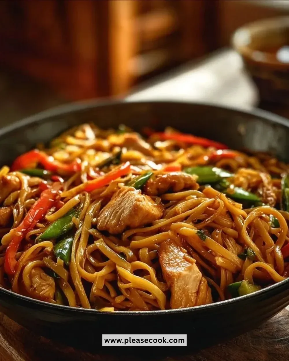 Delicious plate of quick and easy chicken lo mein with vegetables