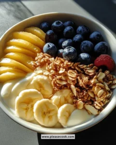 Healthy honey yogurt bowl topped with fresh fruits and nuts