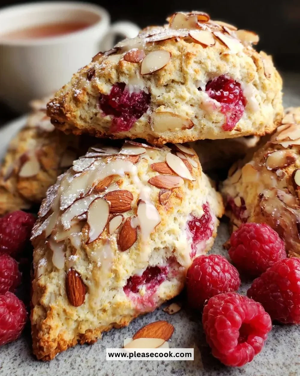 Freshly baked raspberry almond scones on a rustic table