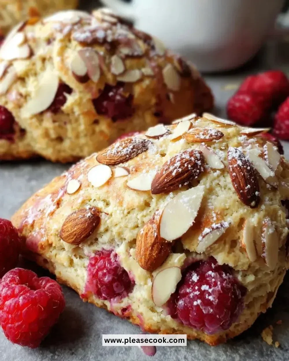 Freshly baked Raspberry Almond Scones on a wooden table