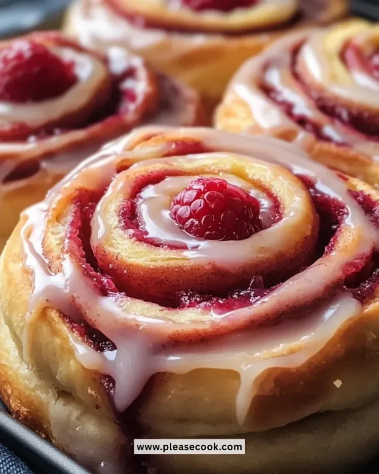 Freshly baked raspberry cinnamon rolls drizzled with icing and raspberries
