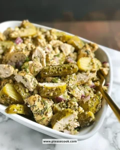 Savory dill pickle chicken salad served in a bowl with fresh ingredients.