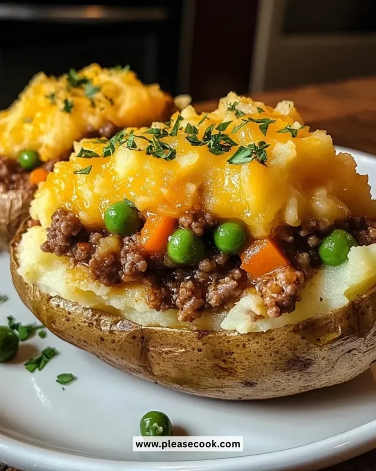 Delicious Shepherd's Pie Baked Potato topped with savory ground meat and vegetables.