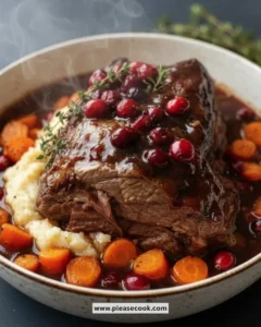 Slow-braised beef roast with cranberry balsamic glaze on a rustic table.