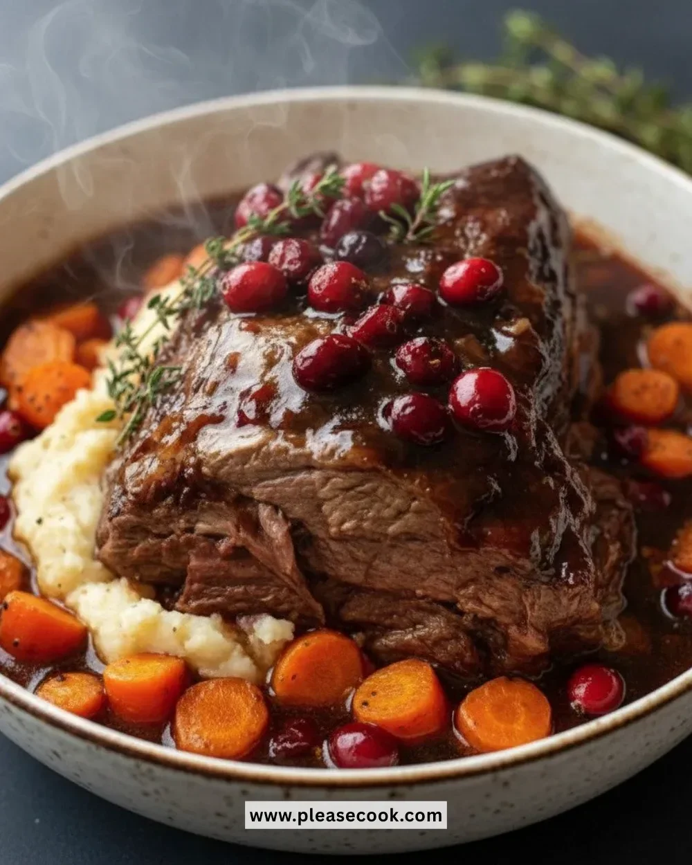 Slow-braised beef roast with cranberry balsamic glaze on a rustic table.
