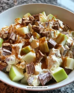 Delicious Snickers caramel apple salad with apples, Snickers, and caramel sauce