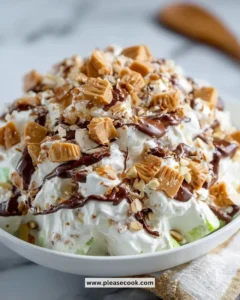 Delicious Snickers Salad with apples, whipped cream, and Snickers candy
