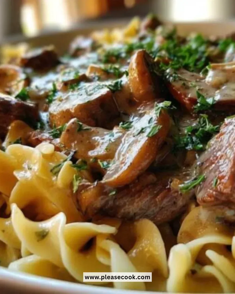 Bowl of Speedy Stroganoff made with tender beef and creamy sauce