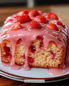 Delicious strawberry pound cake with a glossy strawberry glaze on top.