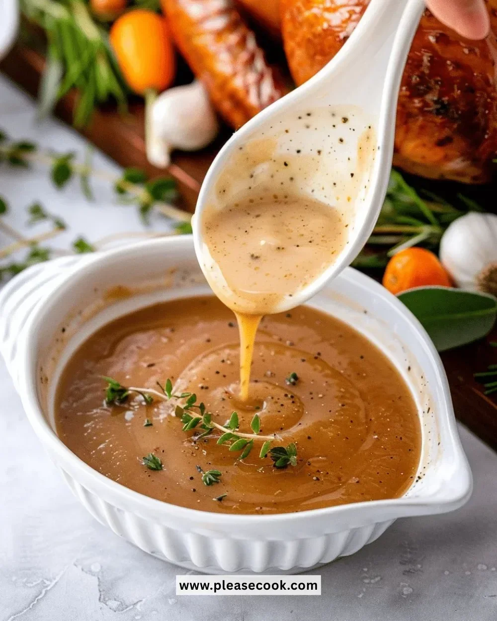 Homemade turkey gravy made from drippings, perfect for Thanksgiving dinner.