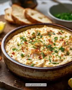 Creamy crab dip served in a bowl with crackers and garnished with herbs.