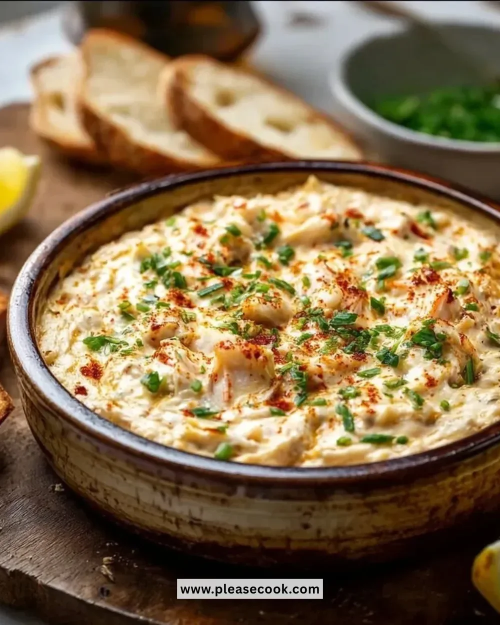 Creamy crab dip served in a bowl with crackers and garnished with herbs.