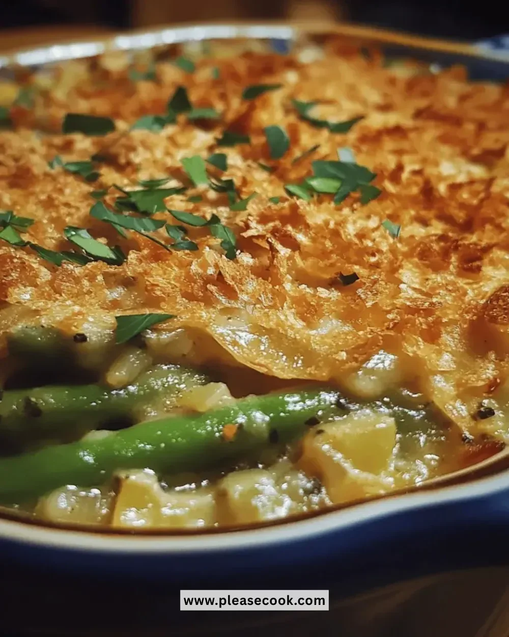 Ultimate Thanksgiving Herb & Garlic Green Bean Casserole served in a baking dish