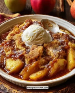 Warm spiced baked apple cobbler with cinnamon and nutmeg, served in a dish.