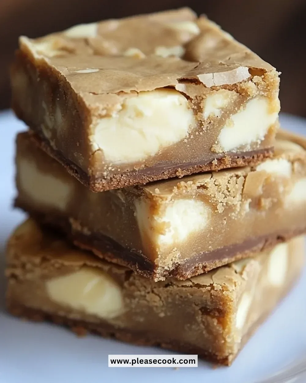 Delicious homemade white chocolate brownies on a plate with chocolate drizzle