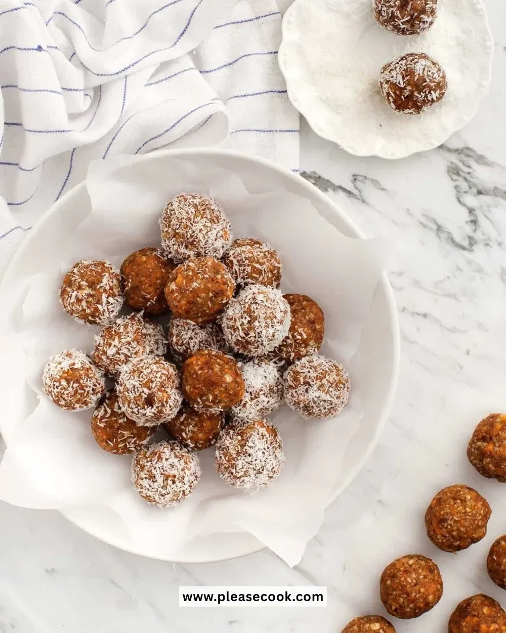 Almost-raw carrot cake bliss balls, a healthy dessert treat featuring carrot flavor.