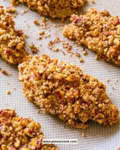 Baked pecan crusted chicken fingers on a plate garnished with herbs