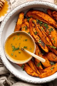 Baked sweet potato wedges served on a plate with herbs.