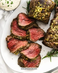 Cooked beef tenderloin roast garnished with herbs on a wooden cutting board.