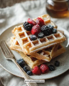 Delicious Belgian waffles topped with fresh fruits and syrup on a plate