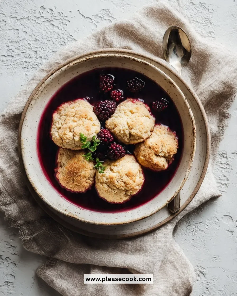 Delicious biscuits served with a rich blackberry soup in a bowl.