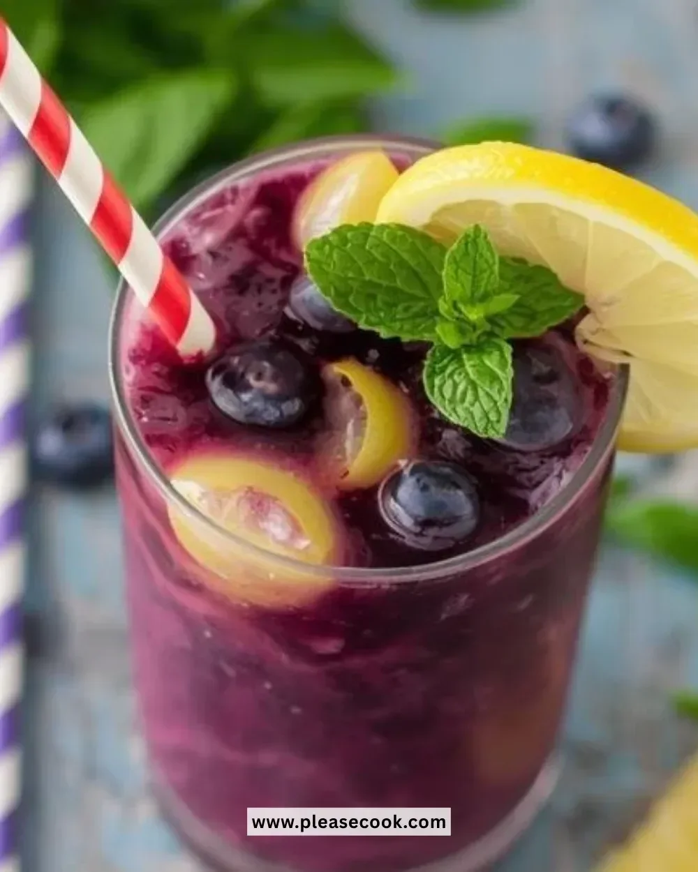Delicious Blueberry-Lemon Slushie in a glass with fresh blueberries and lemon slices