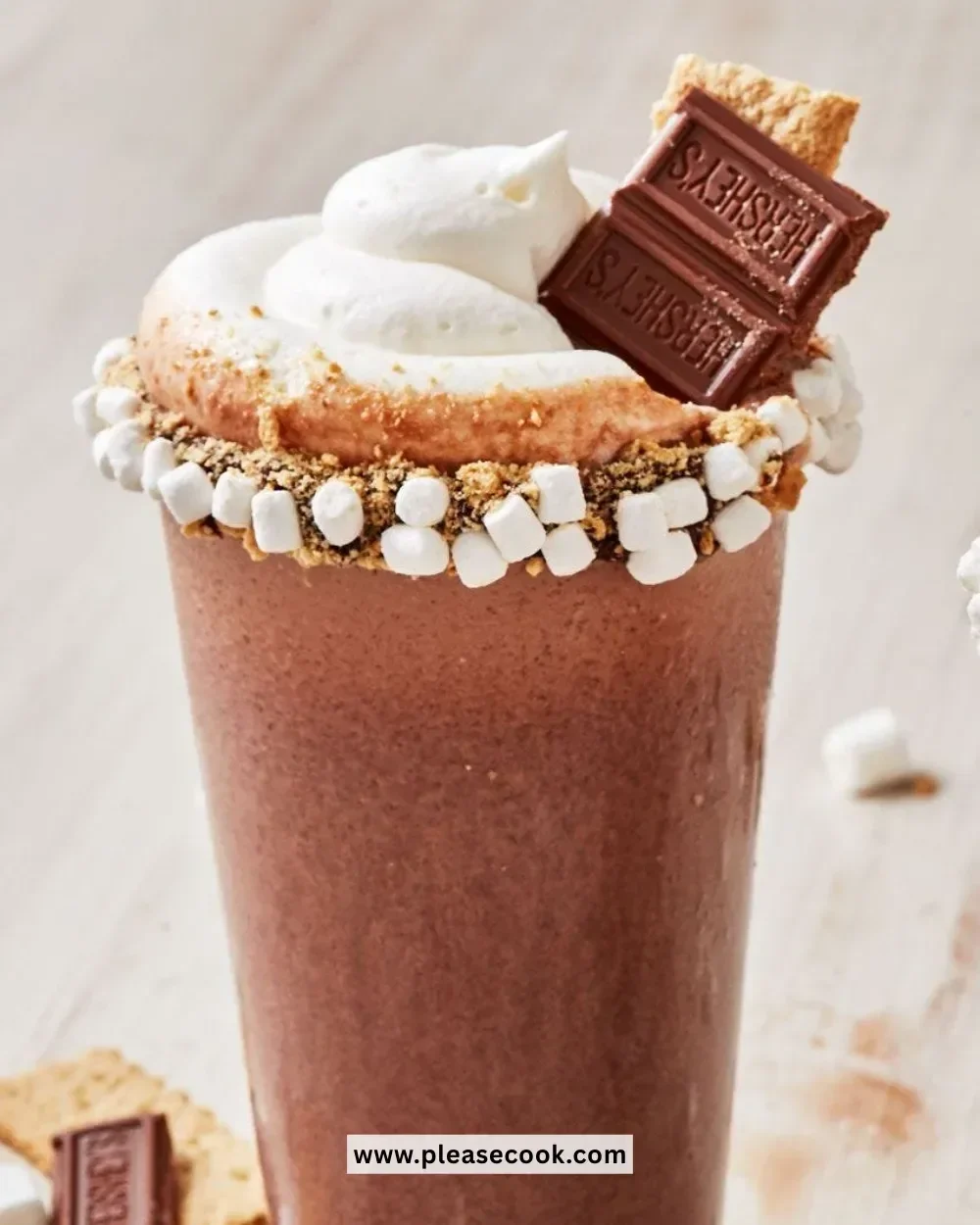 Boozy S'mores Milkshake topped with marshmallows and chocolate drizzle