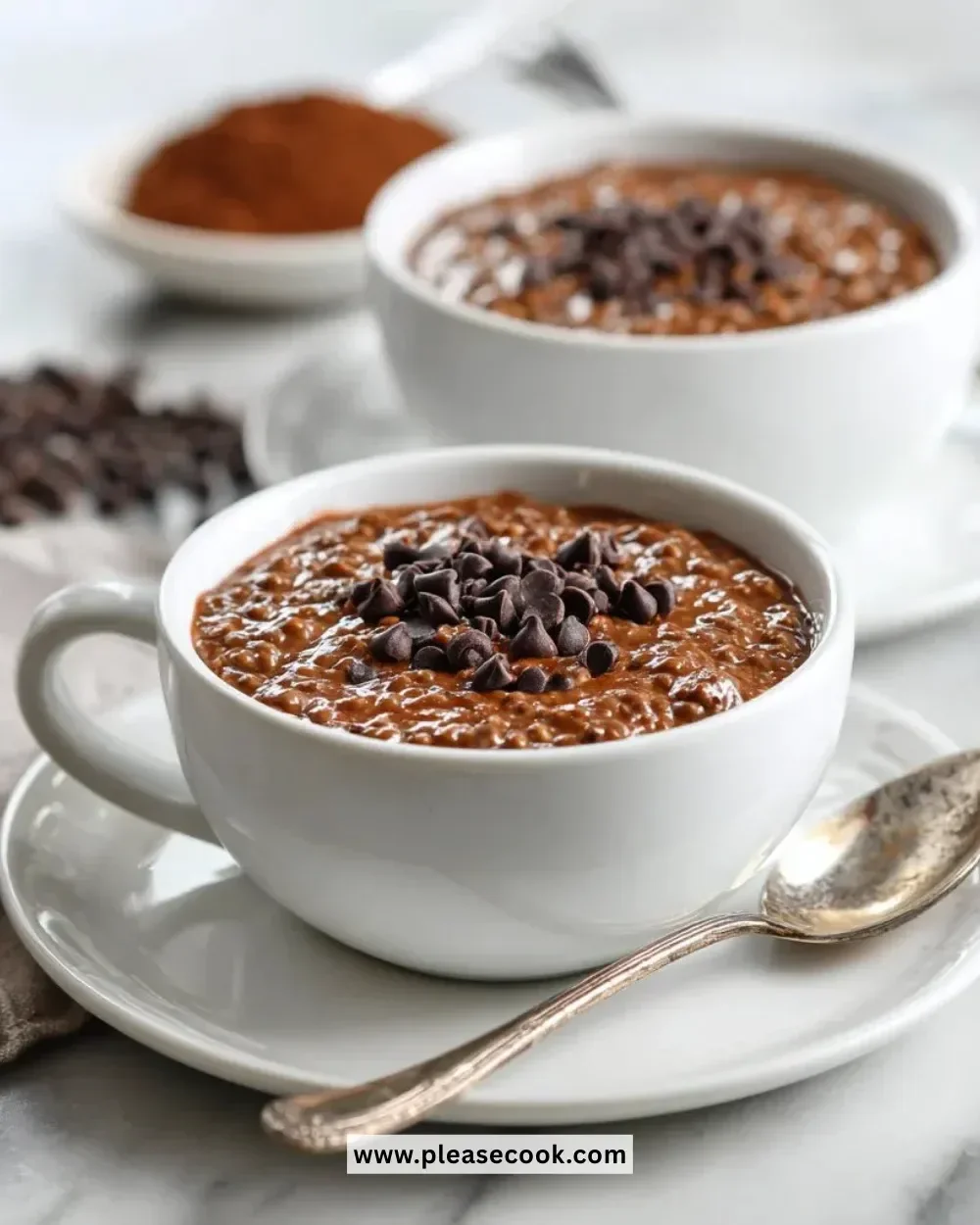 Bowl of brownie batter overnight oats topped with chocolate chips and nuts.