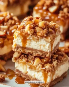 Delicious caramel apple cheesecake bars on a serving plate