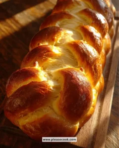 Homemade challah bread braided and displayed on a wooden board