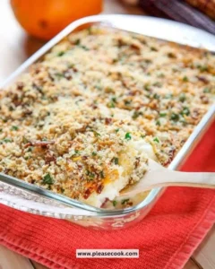 Cheesy mashed potato casserole with crispy bacon topping