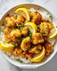 Chinese Lemon Chicken dish with vibrant yellow lemon sauce over crispy chicken pieces.