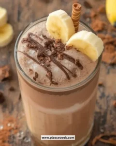 Chocolate Banana Slushie topped with chocolate drizzle and fresh banana slices