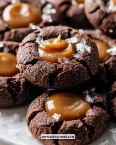 Delicious Chocolate Caramel Thumbprint Cookies on a plate