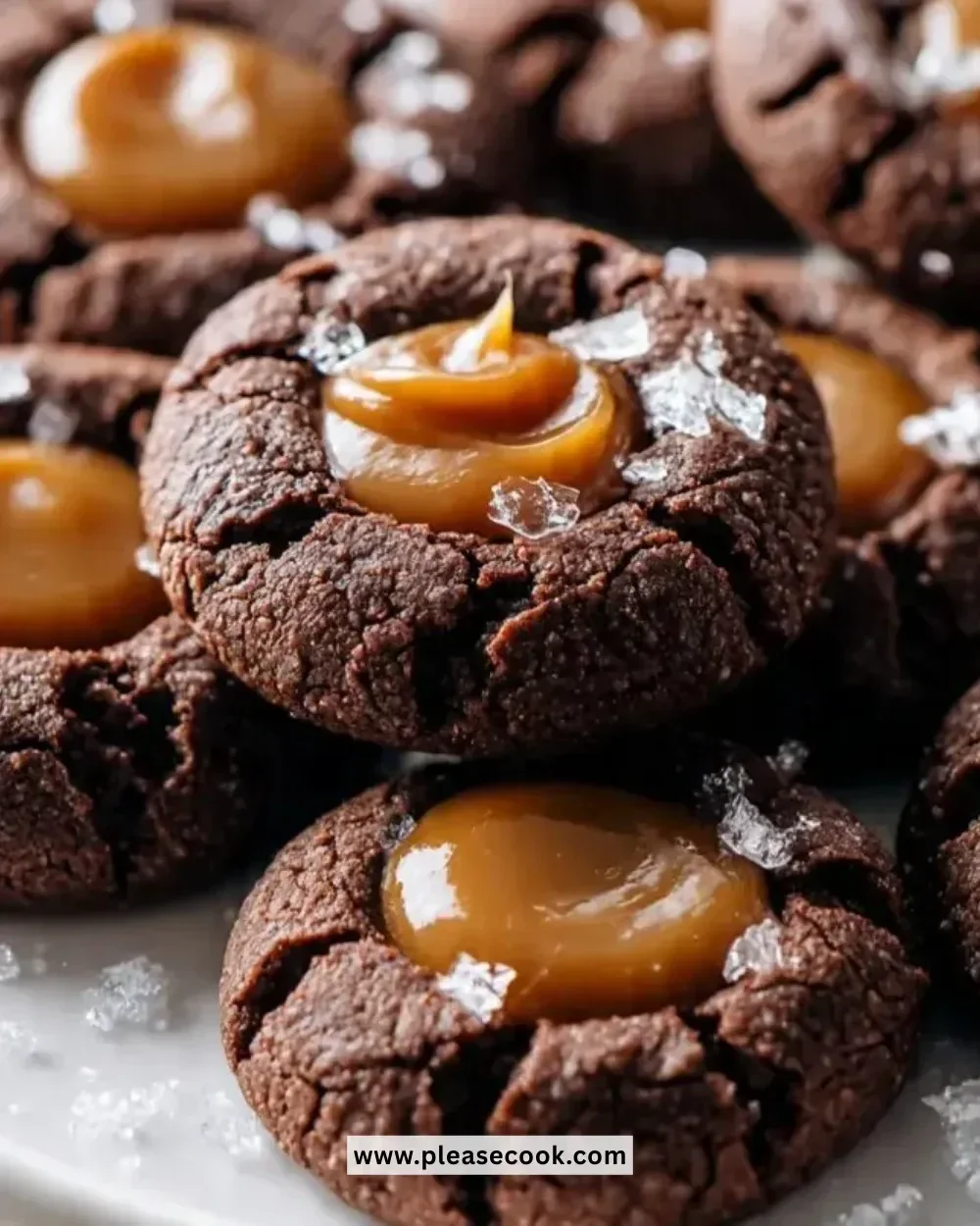 Delicious Chocolate Caramel Thumbprint Cookies on a plate