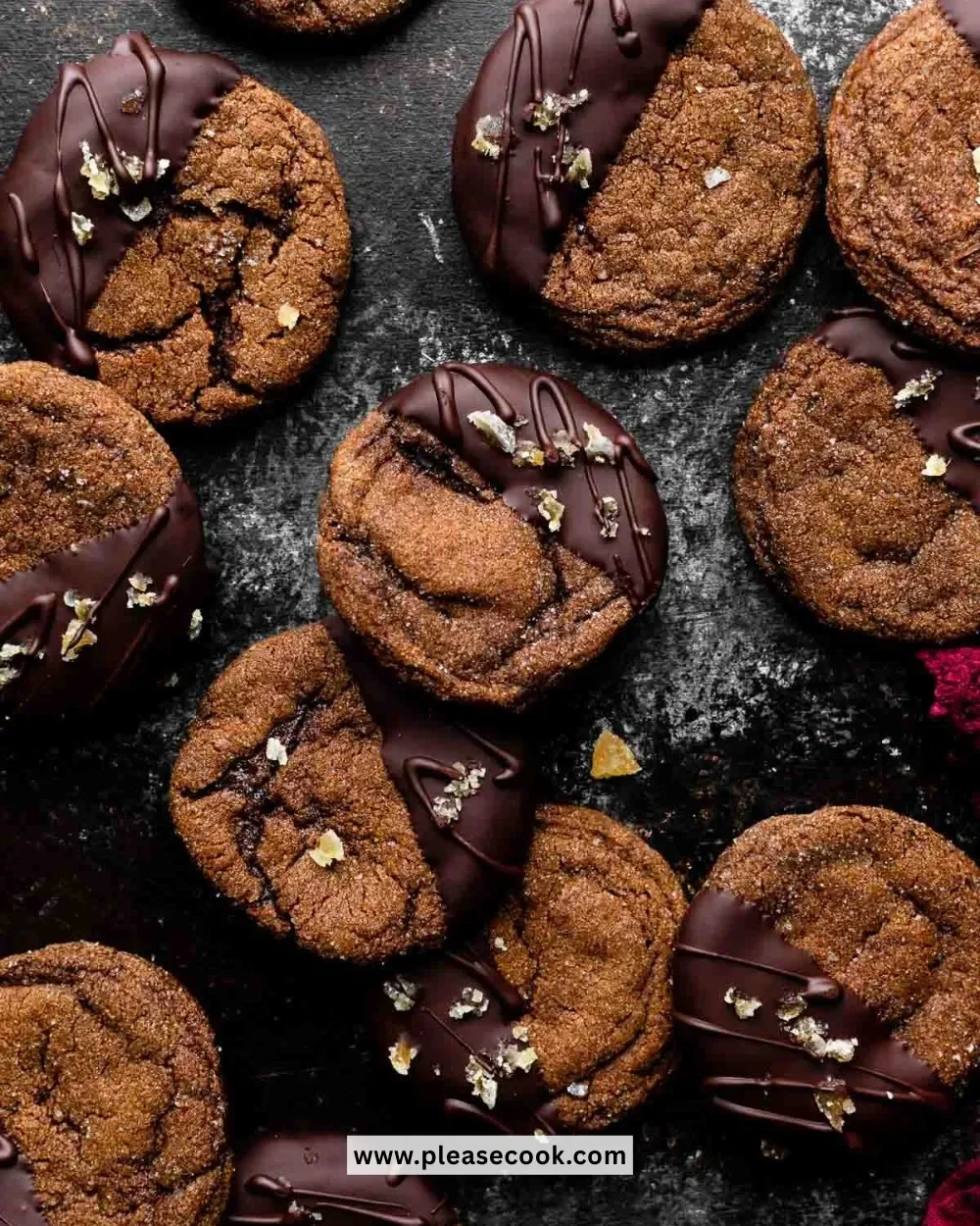 Delicious Chocolate Ginger Sparkle Cookies on a festive background