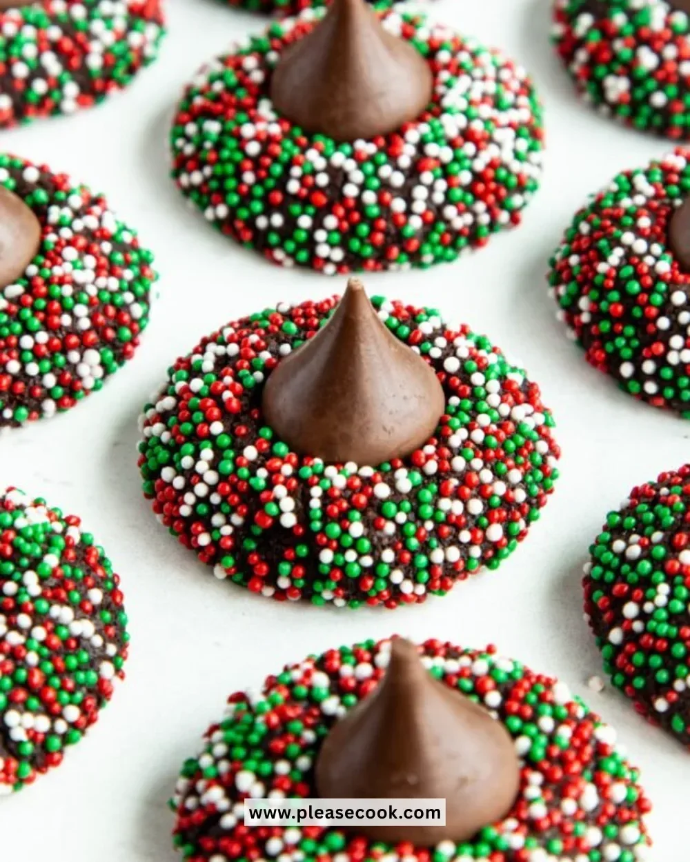 Delicious homemade Chocolate Kiss Cookies with chocolate candies on top