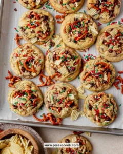 Baking delicious Christmas Kitchen Sink Cookies filled with festive treats