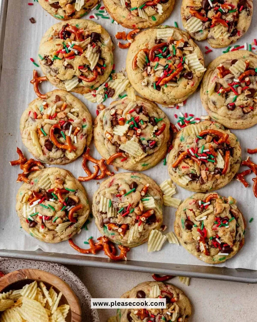 Baking delicious Christmas Kitchen Sink Cookies filled with festive treats