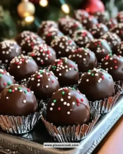 Delicious Christmas Peanut Butter Balls coated in chocolate and festive toppings.