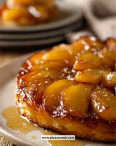 Slice of classic Tarte Tatin with caramelized apples on flaky pastry