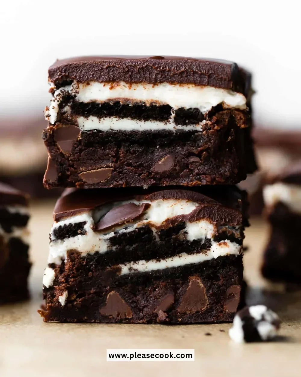 Delicious Cookies & Cream Brownies topped with cookie chunks.